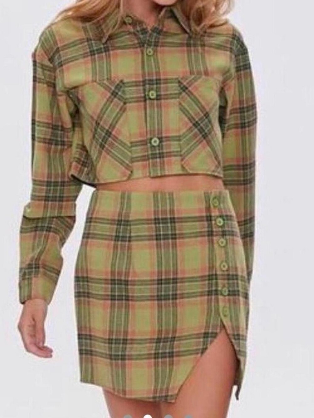F21 Small Plaid Co-Ord Set: Crop Button-Up Shirt & Slit Wrap Mini Skirt NWT